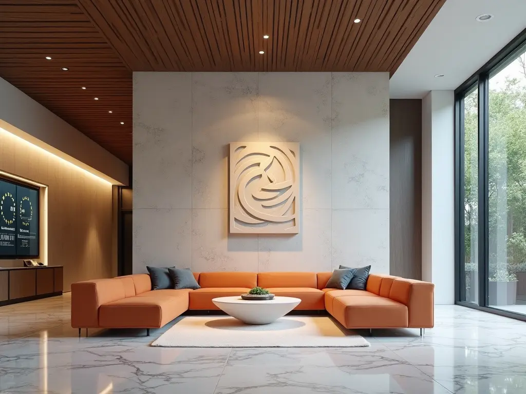  Modern office lounge featuring orange sectional sofa, minimalist wall art installation, wooden ceiling, and floor-to-ceiling windows with natural lighting