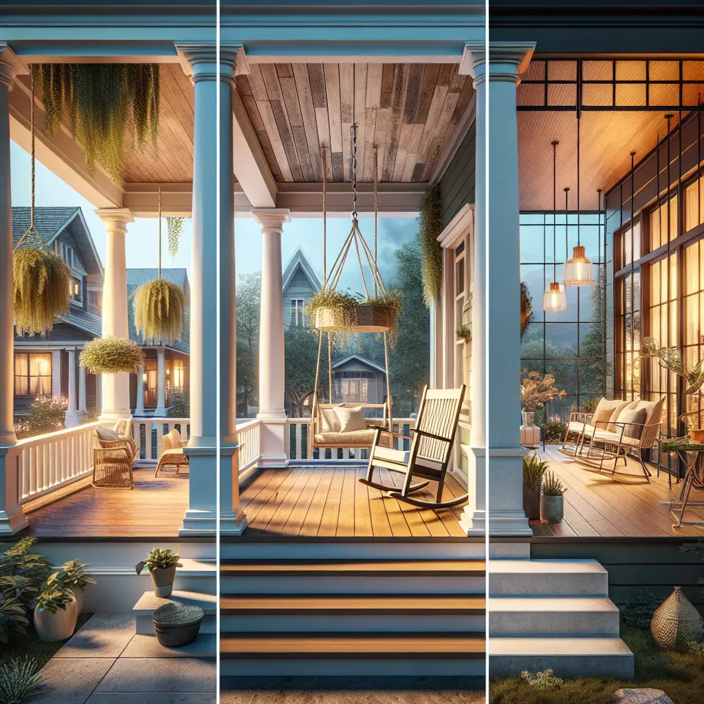 Triptych of luxury porch designs featuring hanging plants, rocking chairs, and modern seating areas with ambient lighting at dusk