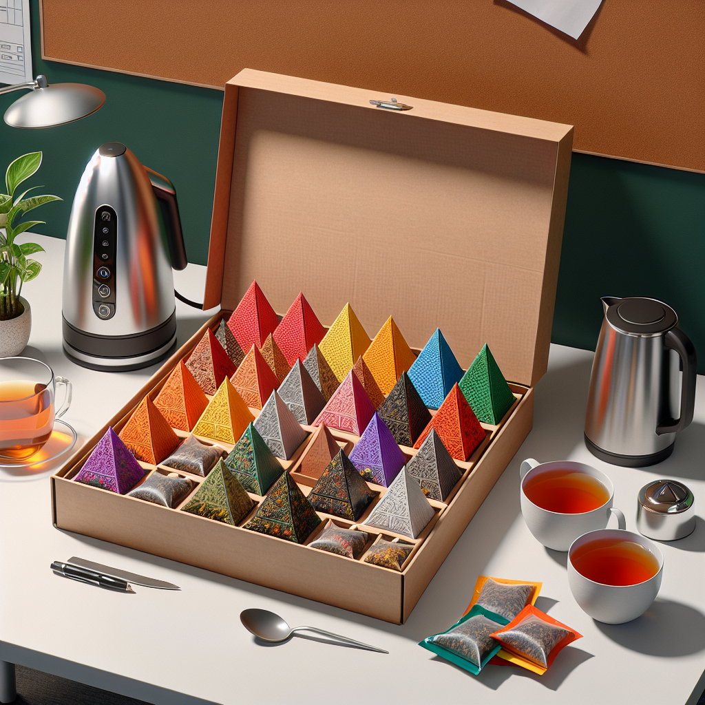 Colorful pyramid tea bag collection in elegant gift box with modern tea accessories.