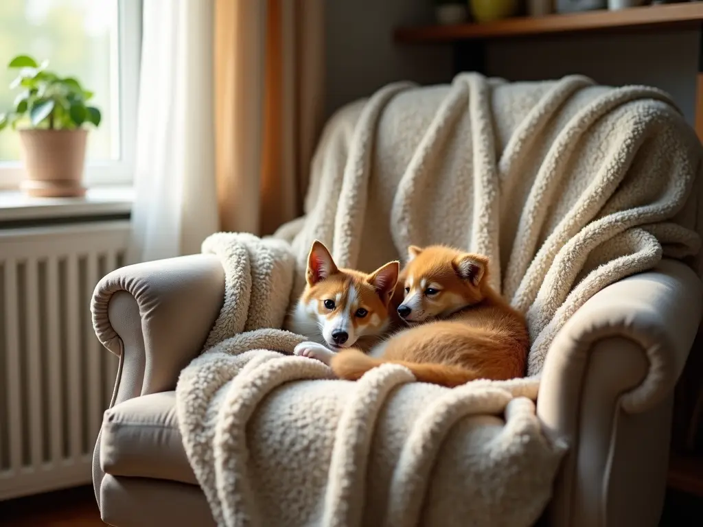 Two Shiba Inu dogs cuddling on a plush armchair covered with a soft cream throw blanket