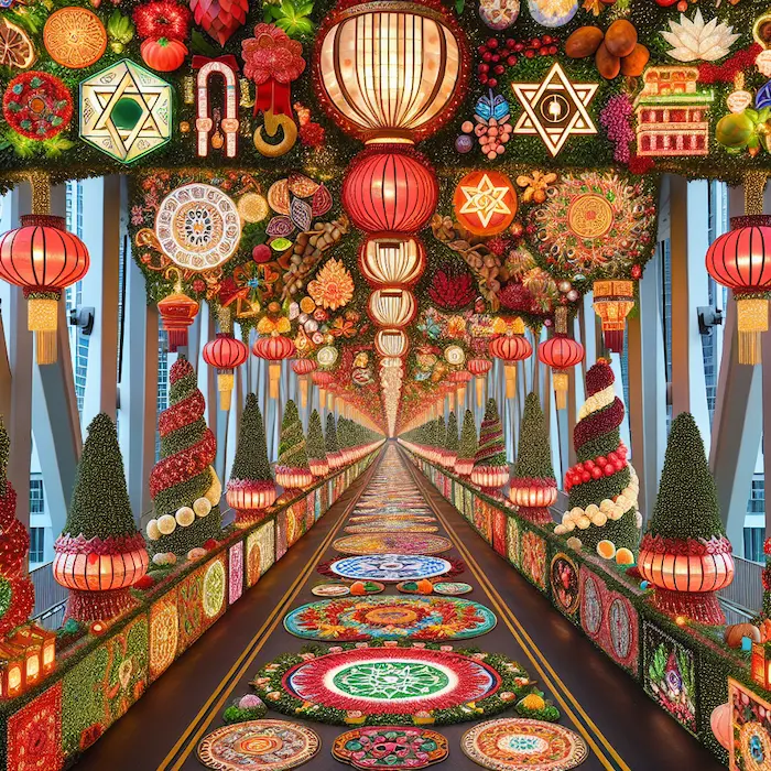 A bridge decorated with intricate floral patterns and red lanterns, featuring festive holiday symbols and greenery.