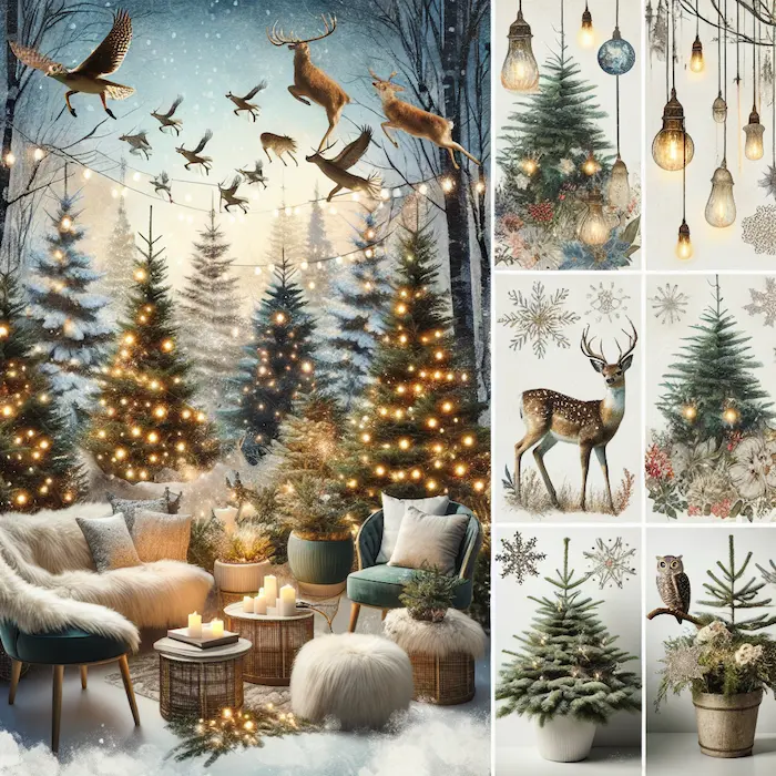 A cozy winter porch setting in a snowy forest with twinkling lights on Christmas trees, surrounded by woodland animals such as deer and birds, with plush seating and candles creating a magical ambiance.