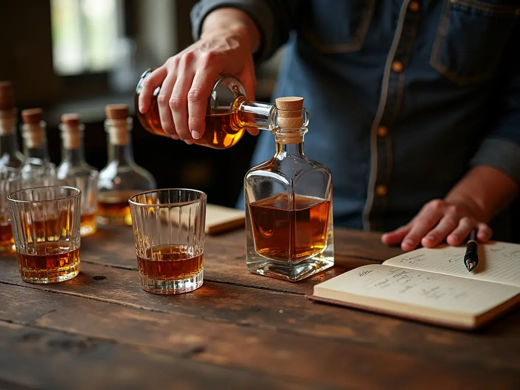 Whiskey tasting setup with crystal glasses and tasting journal on rustic wooden table, person pouring amber spirit between decorative bottles