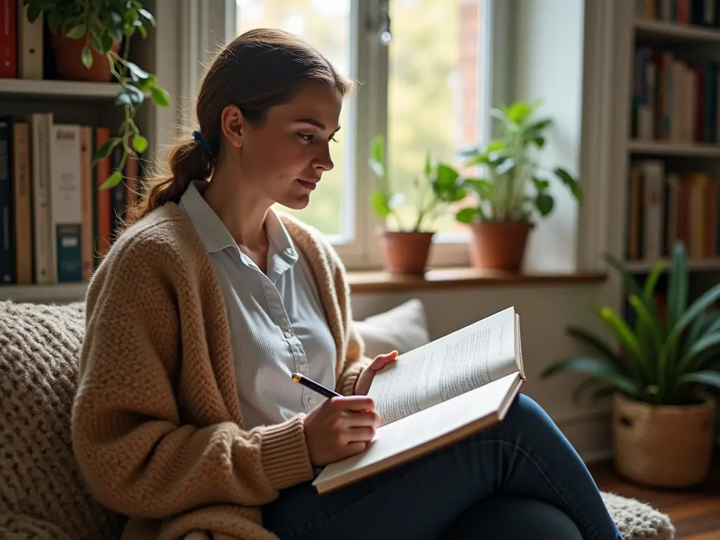 Person reading and writing in journal by window seat surrounded by plants and bookshelves.