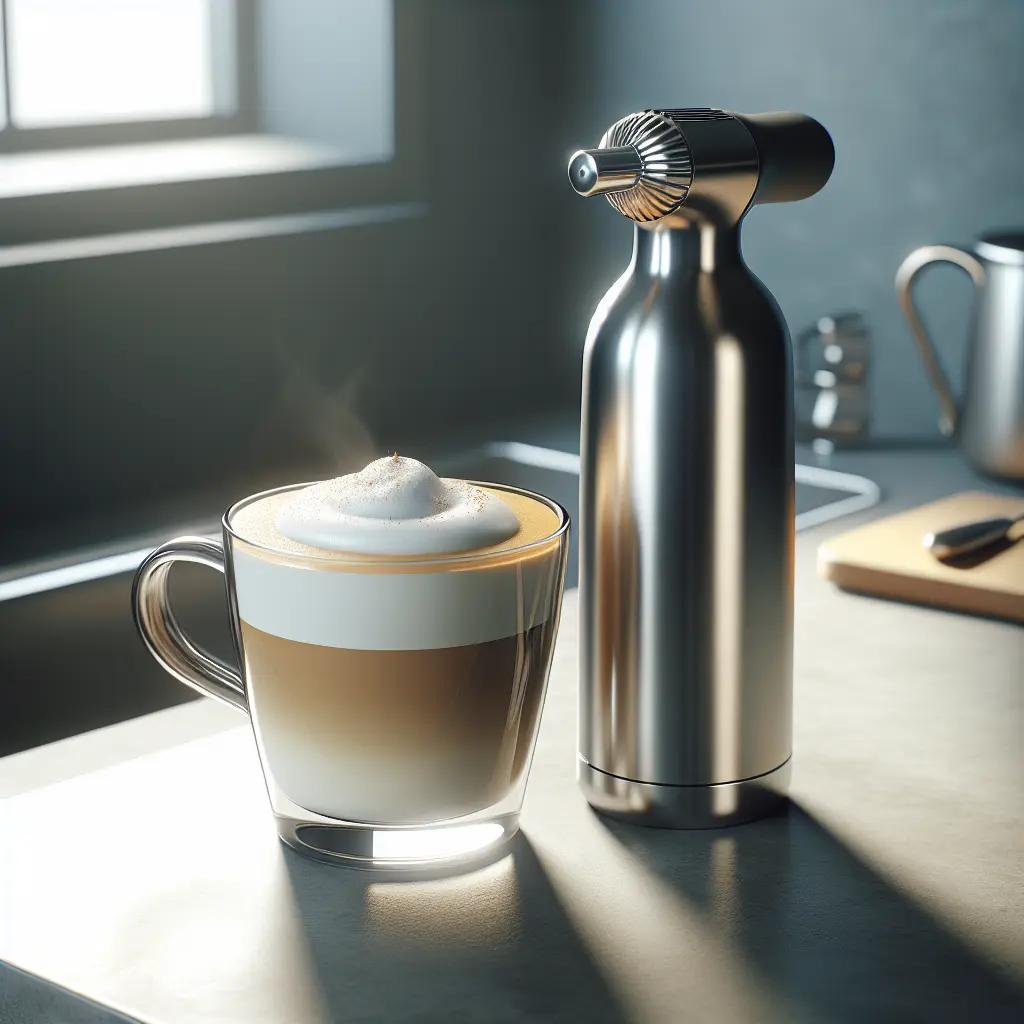 Stainless steel milk frother beside a perfectly layered latte in clear glass
Caption: Transform morning rituals with barista-quality drinks in your home coffee nook