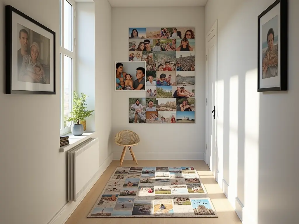 Modern hallway featuring arranged photo tiles and framed memories with natural lighting.