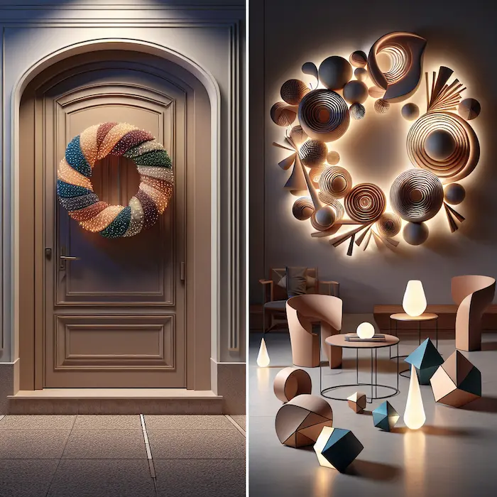 A split-panel image showing modern minimalist holiday porch decor with a simple wreath on the door and geometric light sculptures in a sleek setting.