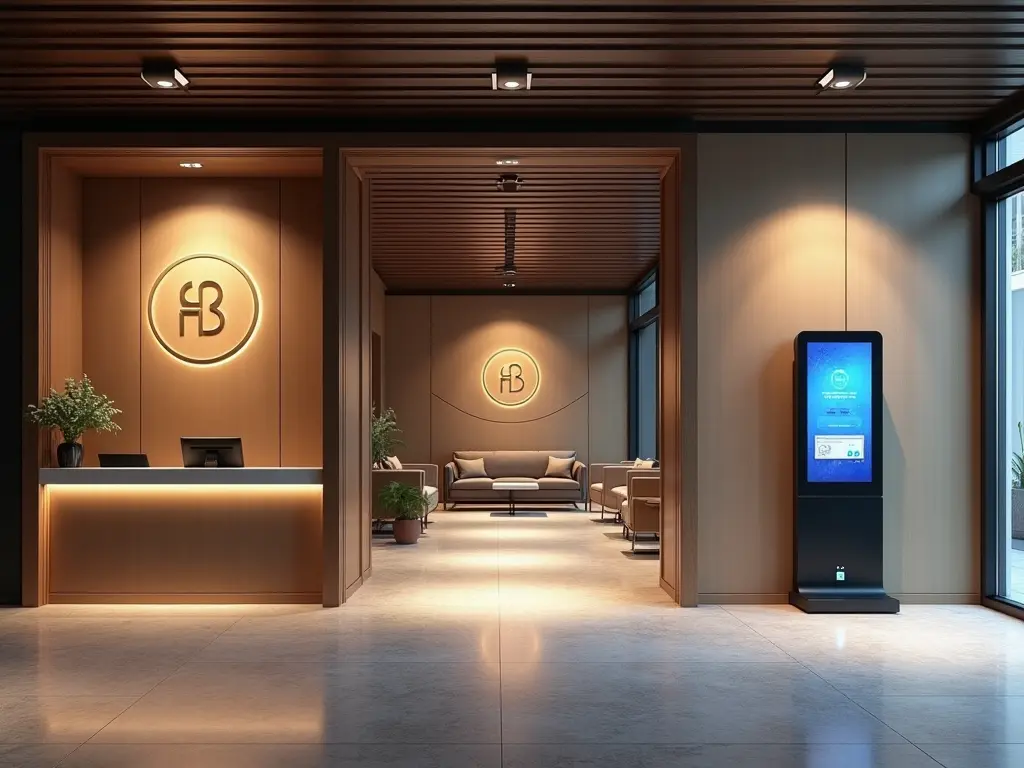 Modern corporate entryway featuring illuminated FB logo, minimalist reception desk, waiting area, and digital check-in kiosk with warm lighting and wooden ceiling details