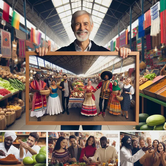 A multicultural holiday market scene with vendors dressed in traditional attire from various cultures, selling crafts and food in a lively communal space.