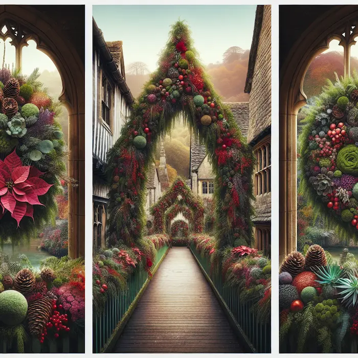 A split-panel image of a bridge decorated with lush garlands, floral arches, and oversized living wreaths for the holidays.