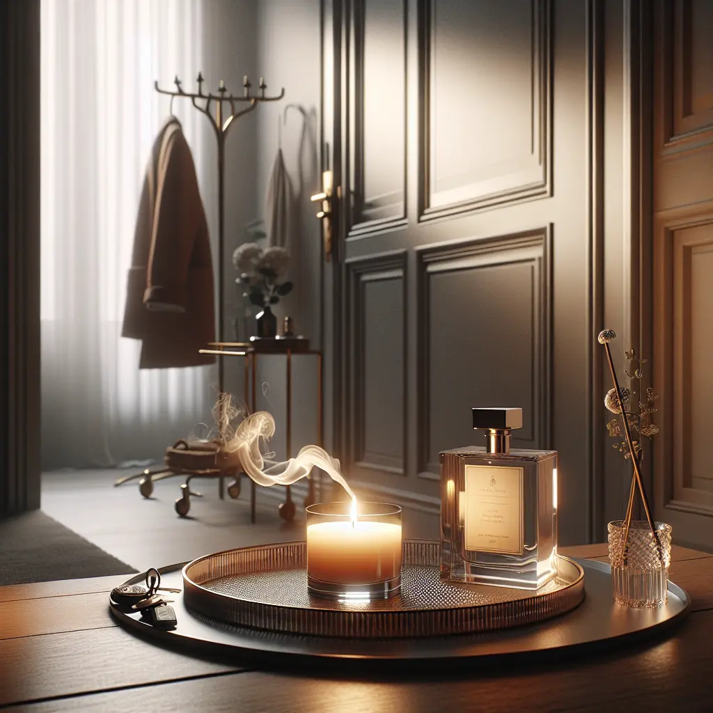 Elegant entryway setting with lit NEST candle, perfume, and decorative elements