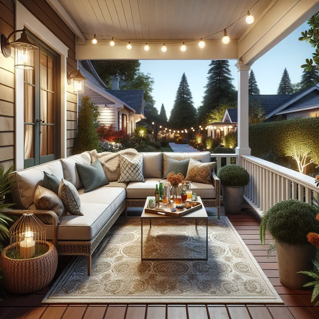 Cozy outdoor living room setup on a front porch with sectional sofa, string lights, and decorative accessories at twilight.