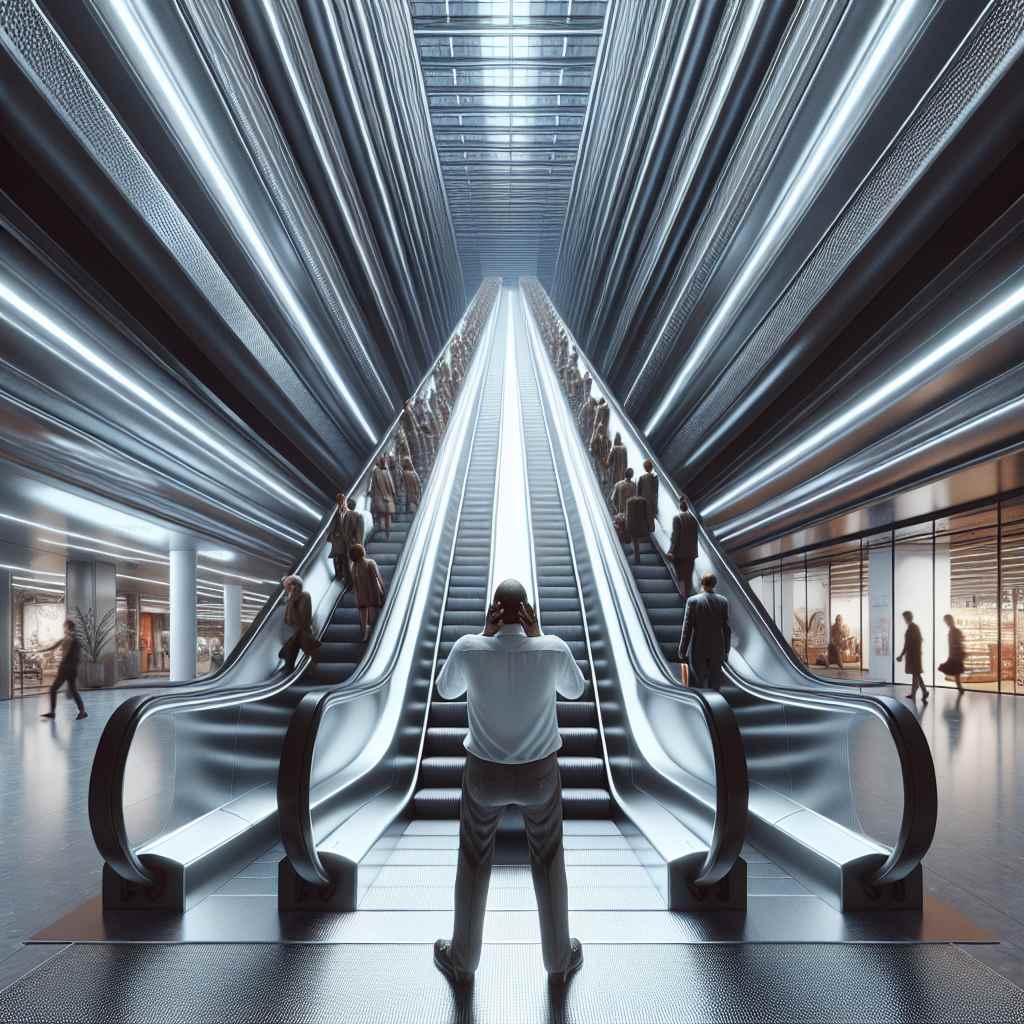 Person standing in front of a tall escalator, overwhelmed by fear, in a modern urban environment.