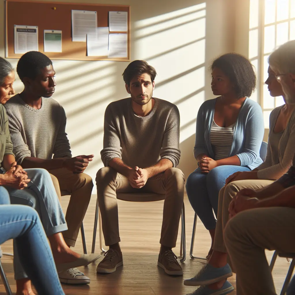 Support group meeting with diverse participants showing empathetic listening and engagement