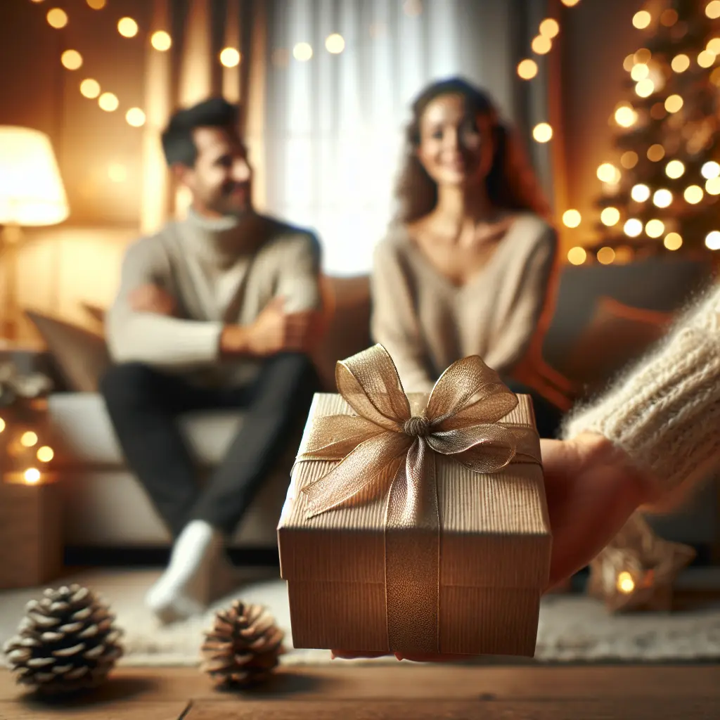 Couple sharing holiday moments with elegantly wrapped gift in cozy living room with bokeh lights