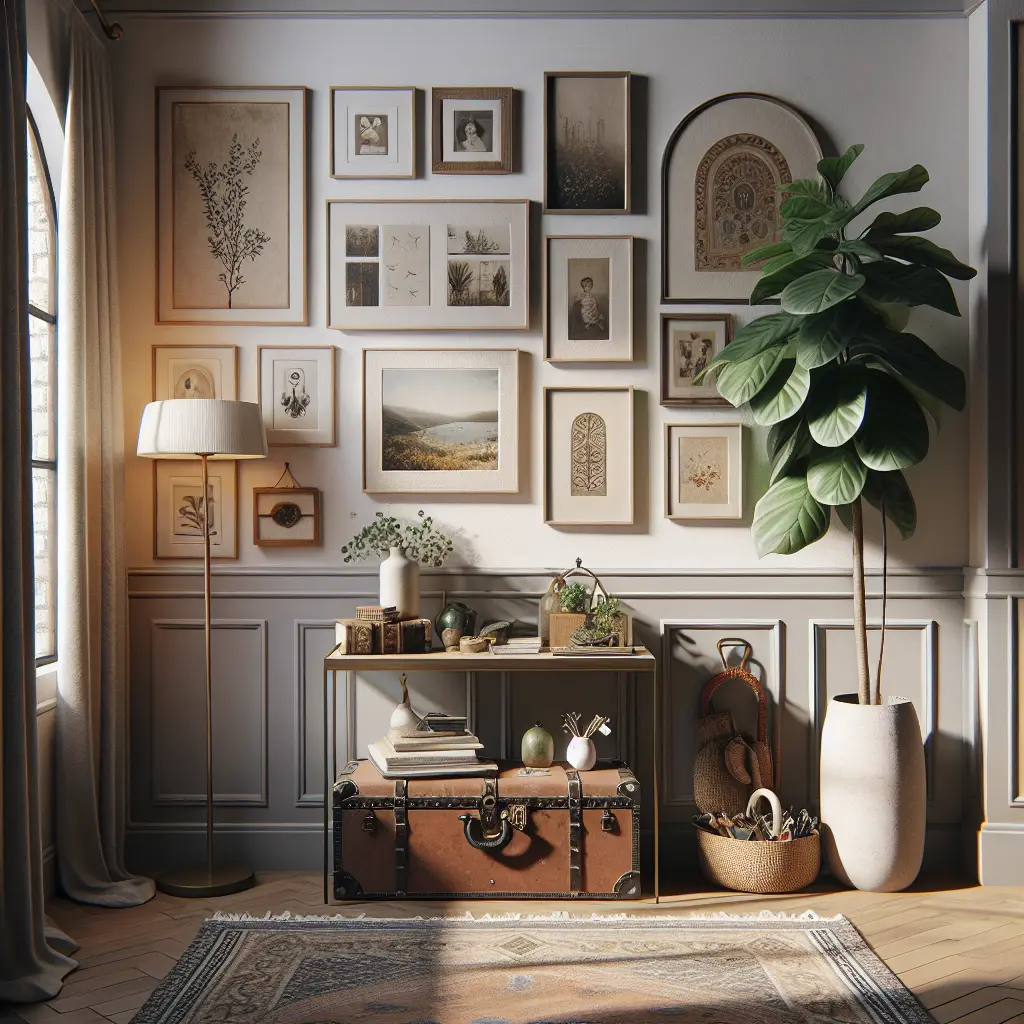 Vintage-inspired entryway featuring a curated gallery wall, antique trunk, and large fiddle leaf fig plant