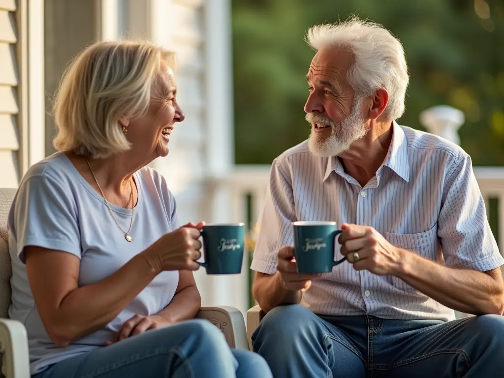 Senior neighbors sharing laughter over coffee in matching mugs on front porch.