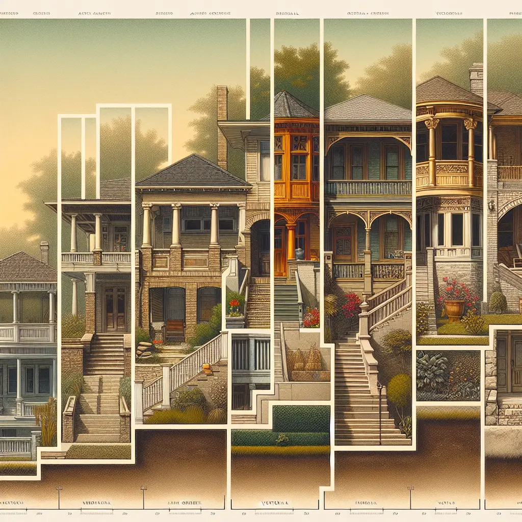 Illustrated timeline showing the evolution of American porch architecture from simple columns to ornate Victorian designs, displayed in vertical panels.