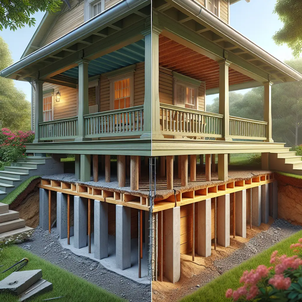 Split-panel cross-section showing proper vs improper porch foundation installation, with detailed structural elements and support systems