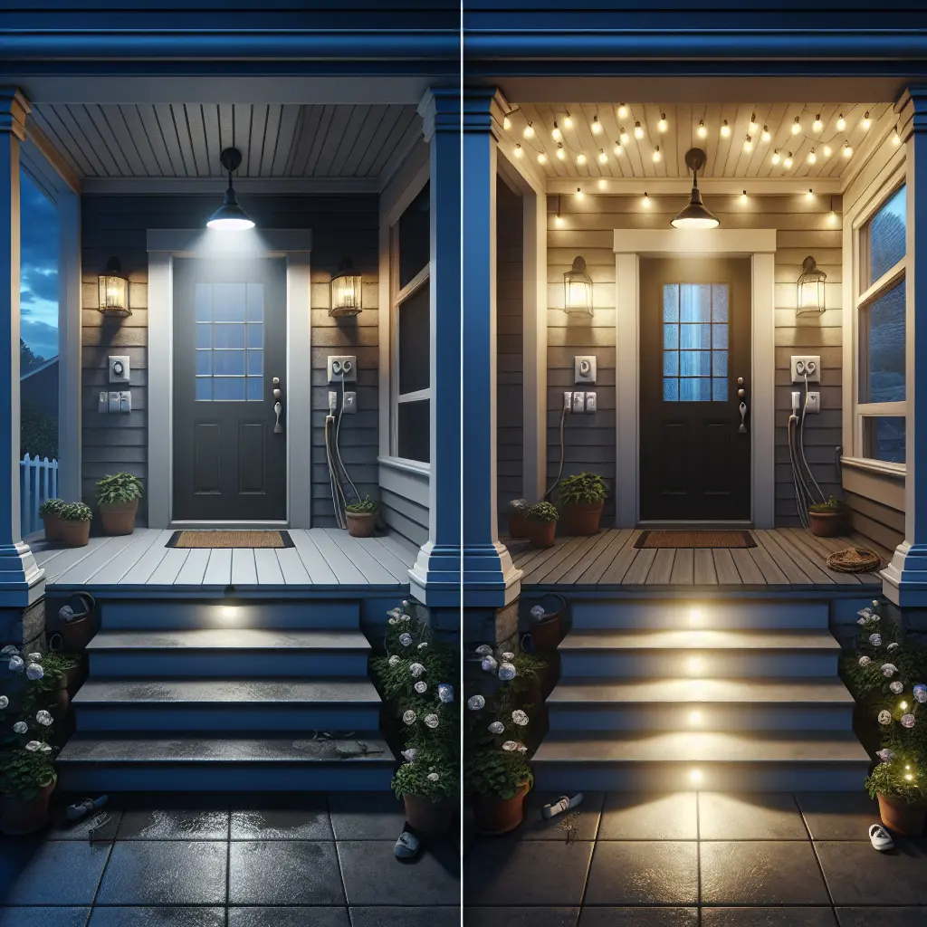 Split-panel comparison of porch lighting, showing inadequate single overhead light versus proper multi-layered lighting with step lights and ambient illumination