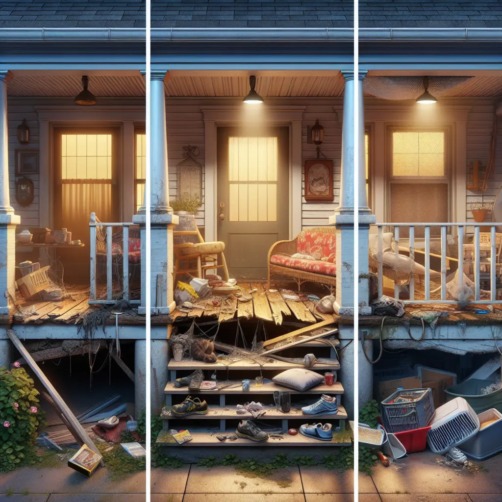 Three-panel comparison showing a deteriorating porch with damaged flooring, cluttered furniture, and poor maintenance, highlighting common homeowner mistakes