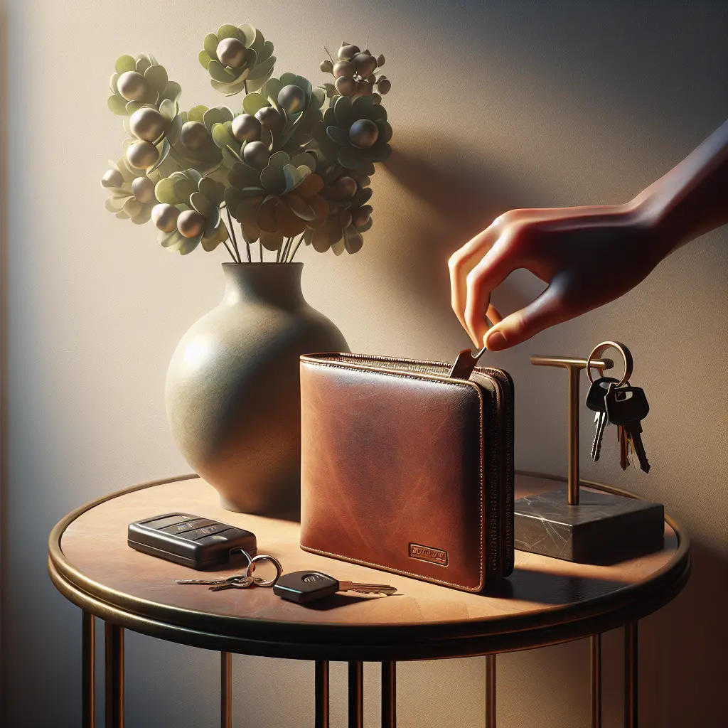 Elegant still life composition featuring brown leather wallet, car keys, and decorative vase with modern flowers on round side table.