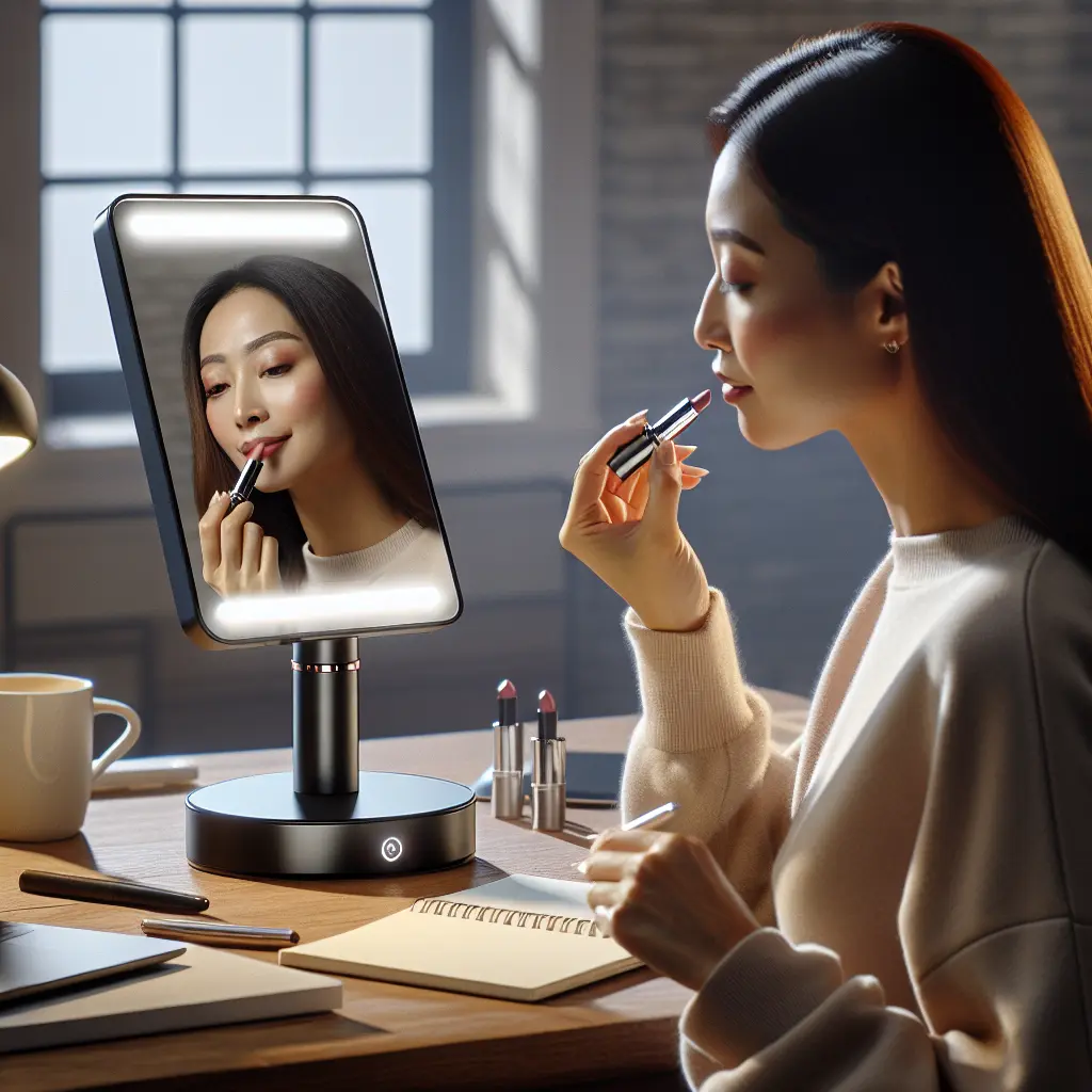 Woman applying lipstick using illuminated makeup mirror in modern home office setting.