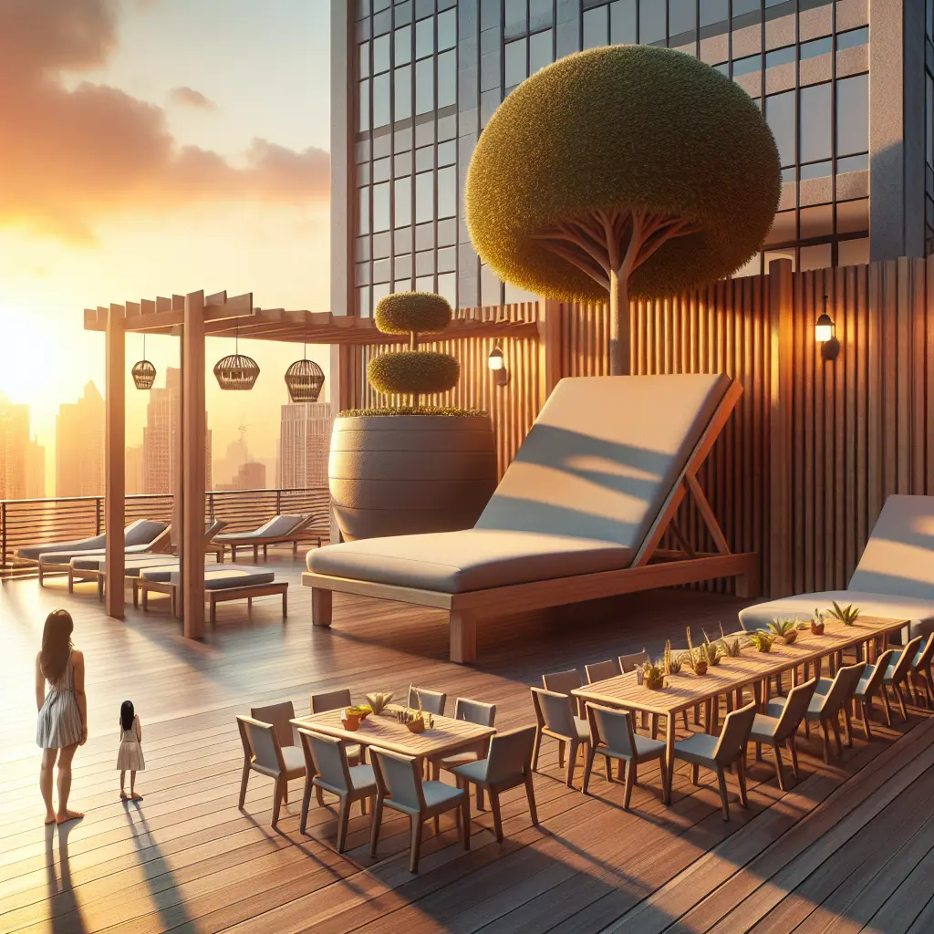 Modern rooftop terrace with balanced proportions featuring lounge chairs, dining area, and architectural planters at sunset