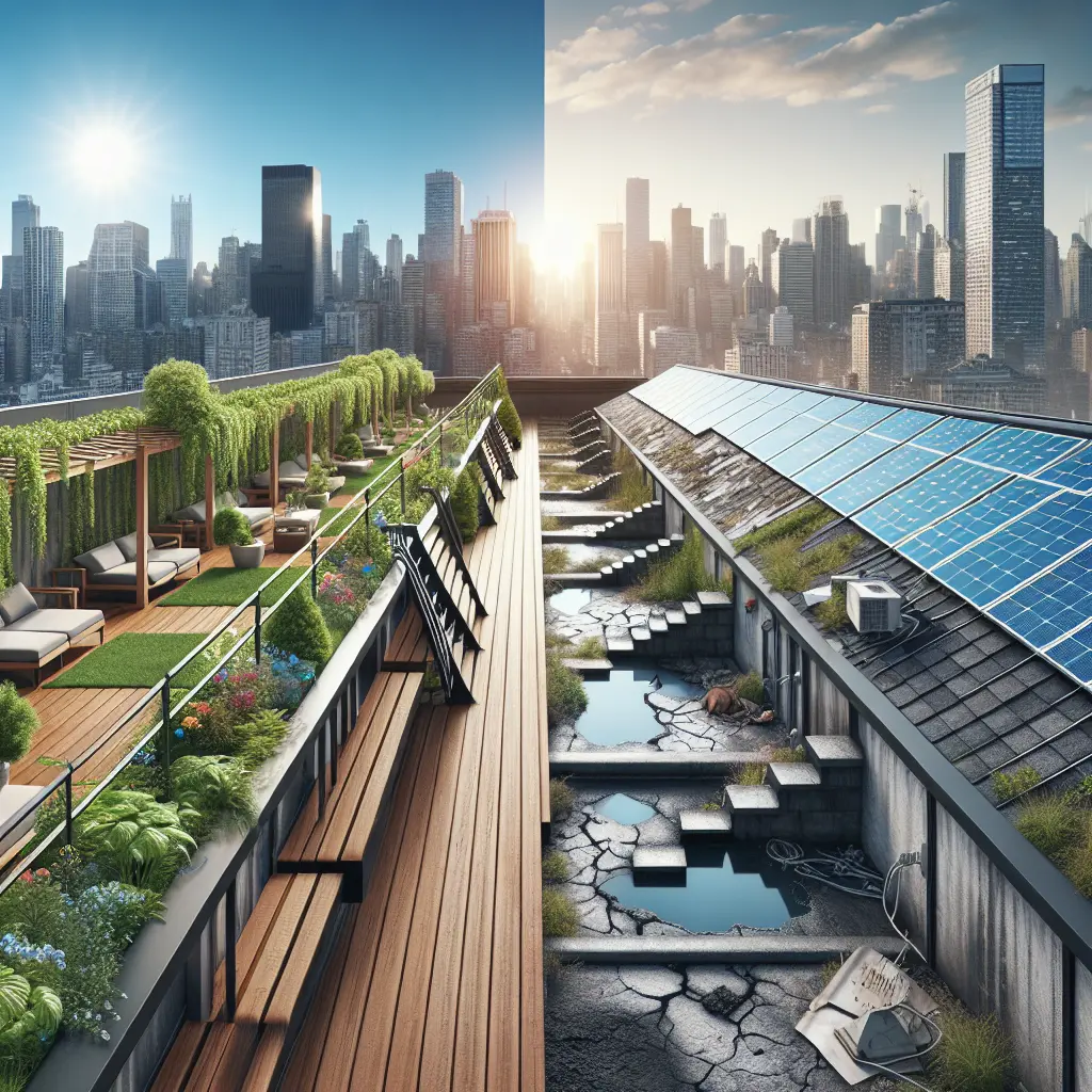 Contrasting rooftop spaces showing proper maintenance versus neglect, featuring solar panels and drainage issues in urban setting