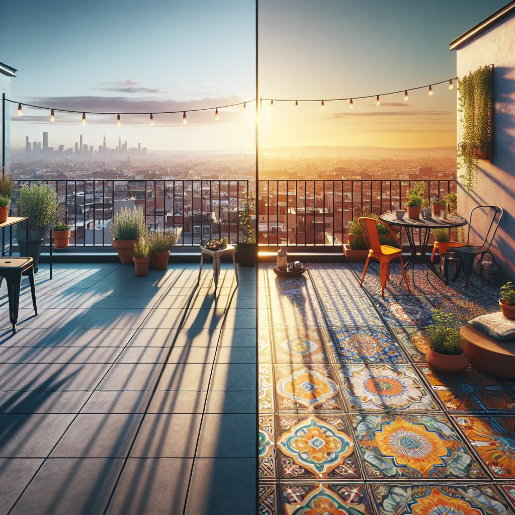 Split-view rooftop terrace showing contrast between basic and personalized design with decorative tiles and string lights