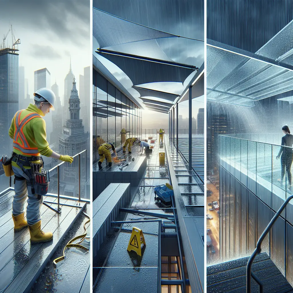 Triptych showing rooftop safety considerations: structural inspection, weather protection systems, and safety railings during rainfall