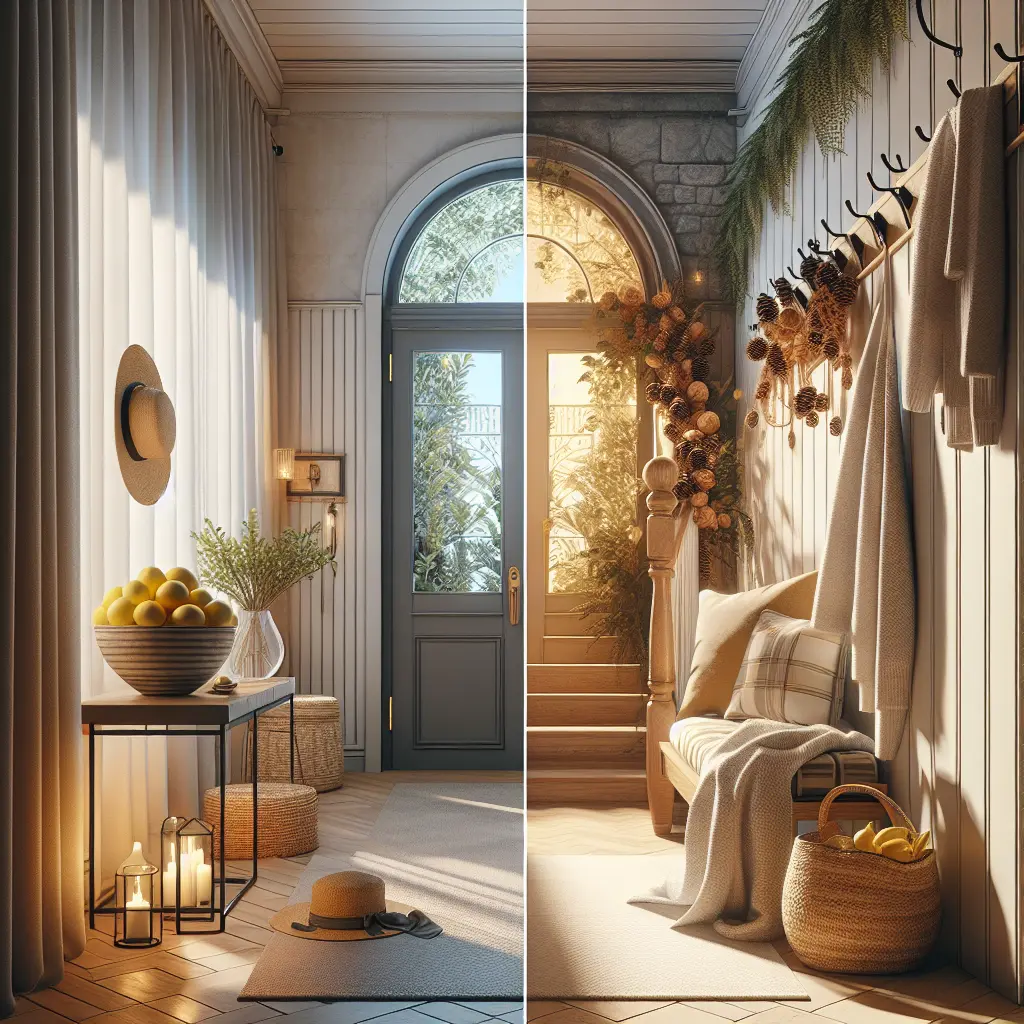 Split-view entryway showing summer and winter styling, featuring arched doorway, natural textures, and seasonal decor