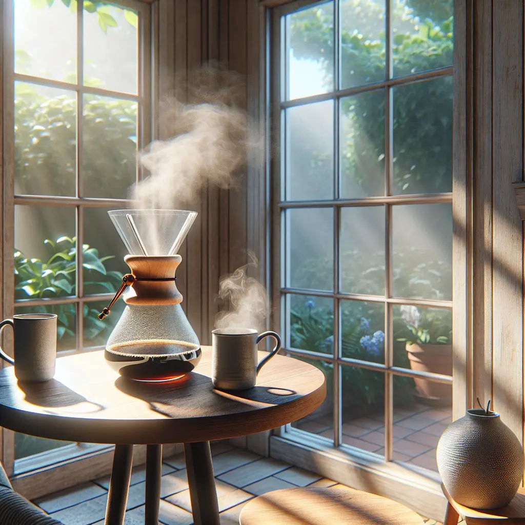 Sunlit coffee brewing setup with Chemex, ceramic mugs, and round wooden table by window with garden view