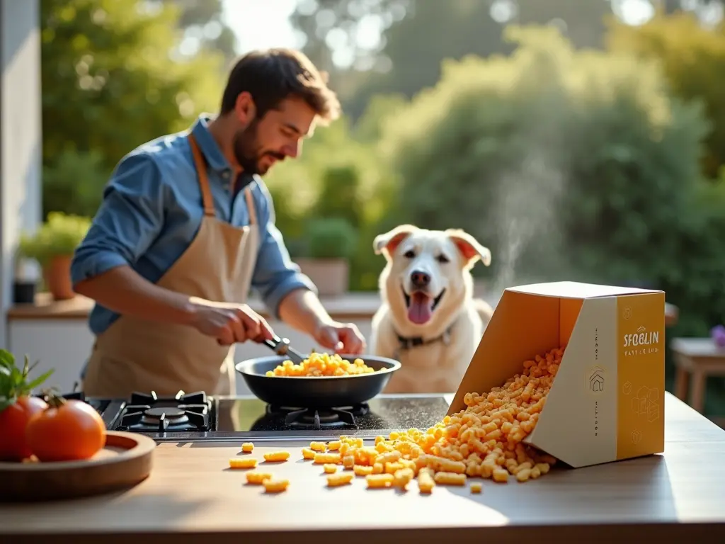 Man cooking Sfoglini pasta in outdoor kitchen while white dog watches attentively