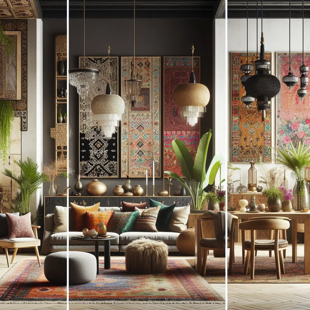 Luxurious bohemian living room featuring vintage tapestries, pendant lights, and lush plants, showcasing a blend of global design elements and modern comfort