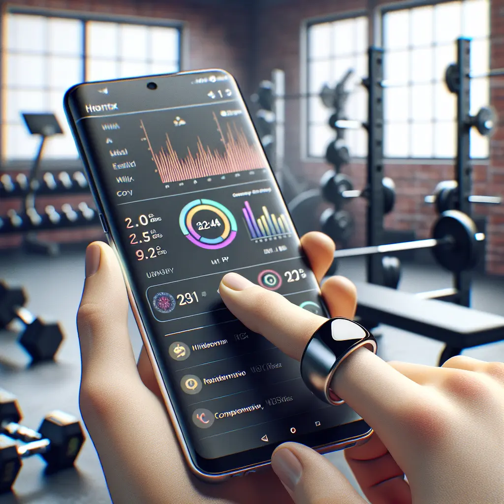 A smartphone displaying a dark-themed fitness tracking app with colorful health metrics, graphs, and statistics, being held in a gym setting with exercise equipment visible in the background.