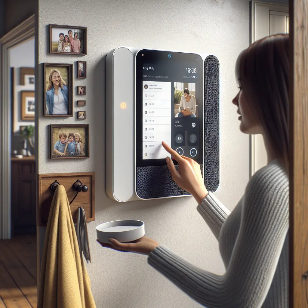 A wall-mounted smart home display showing a messaging interface, with family photos arranged on the wall and a person interacting with the touchscreen while holding a white circular device.