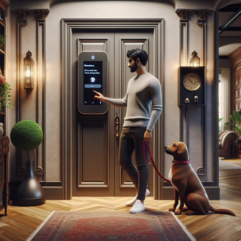 Modern smart home entrance featuring digital display panel, person with dog waiting by elegant double doors with ambient lighting and luxurious interior details