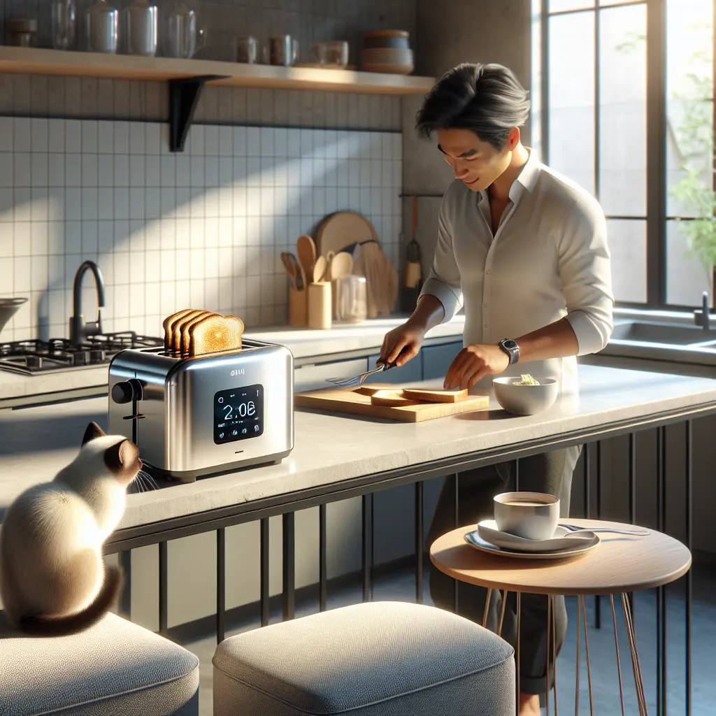 Modern kitchen interior with smart toaster display, person preparing breakfast while cat watches from counter, featuring minimalist design and natural lighting.