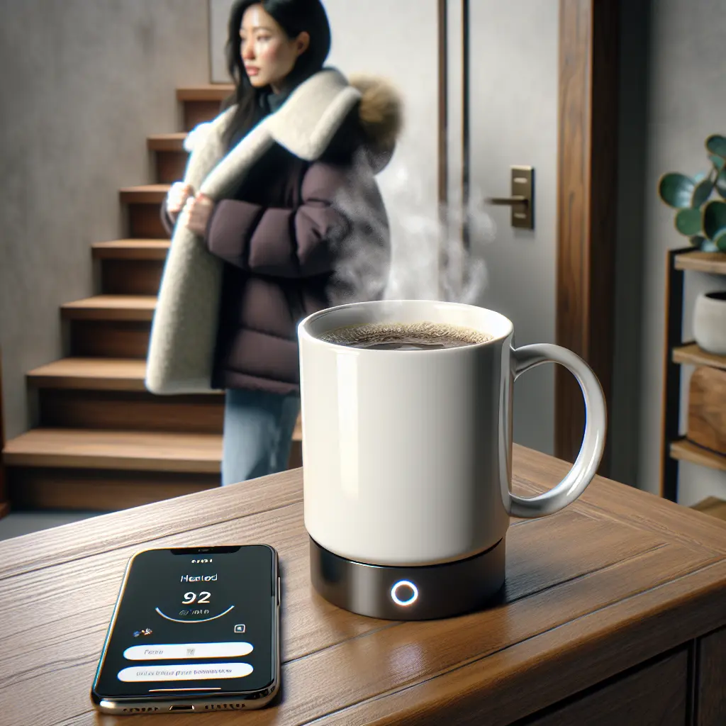 Ember Smart Mug with steam rising and smartphone app display on wooden console table, woman in winter coat in background