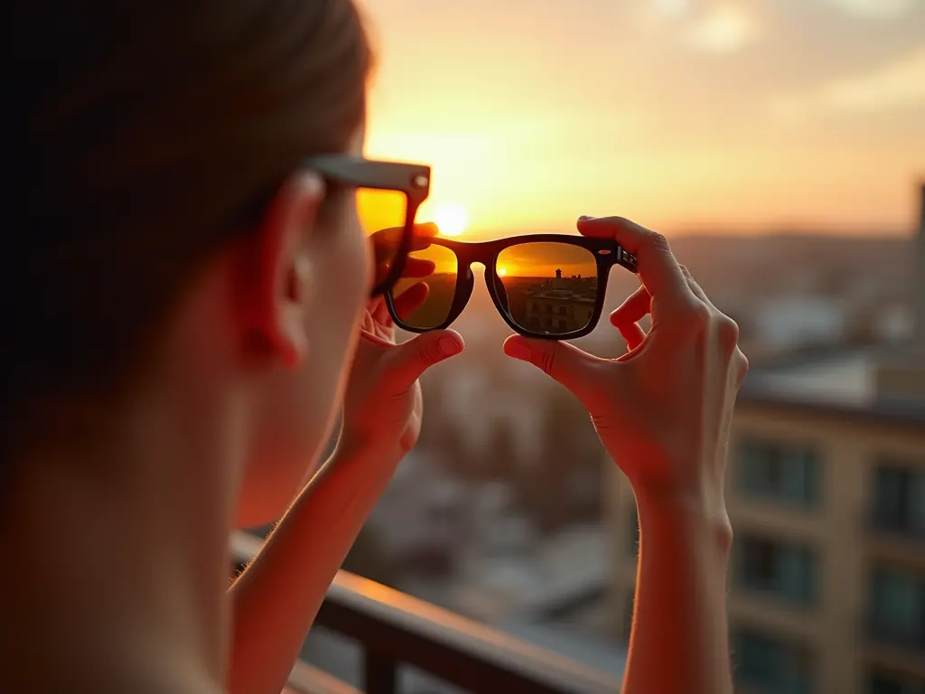 Hands holding sunglasses against sunset view from balcony, capturing city skyline