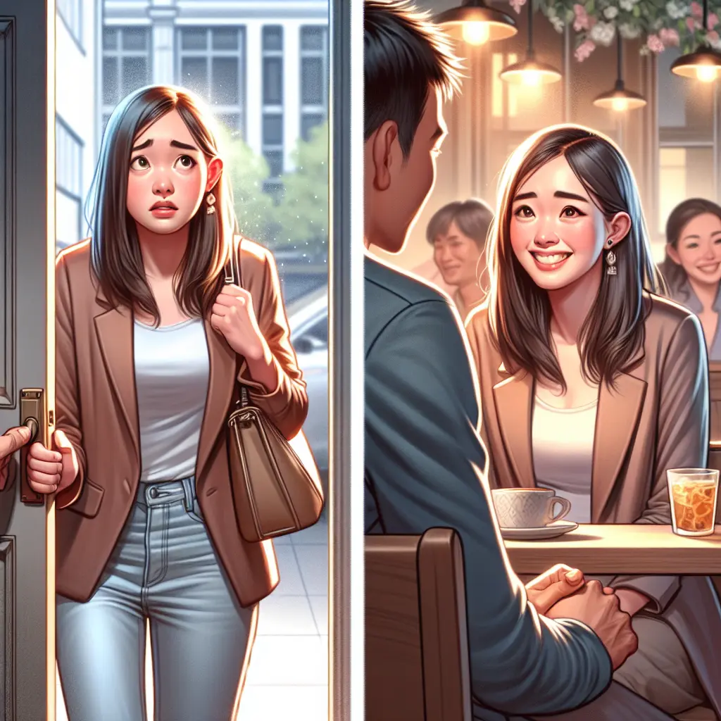 Split-panel illustration showing person's transformation from anxious at café entrance to confidently engaging in conversation