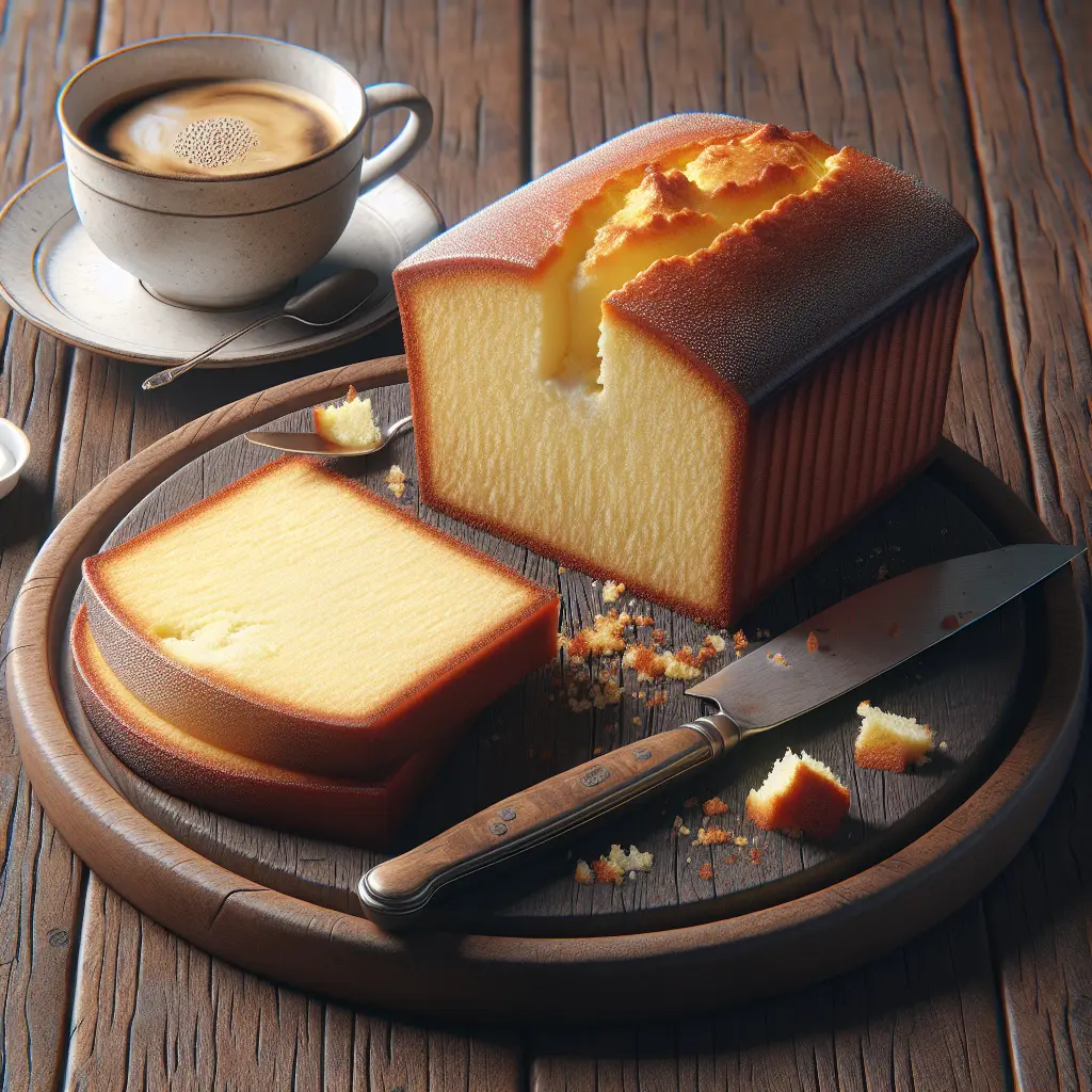 Freshly sliced Southern cream cheese pound cake with coffee on wooden serving board.