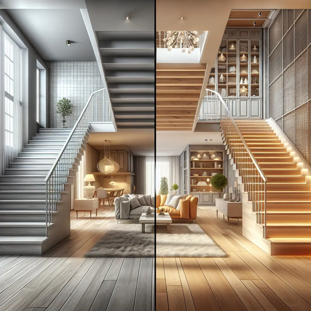 Split-screen comparison of minimalist versus luxurious staircase designs in modern homes