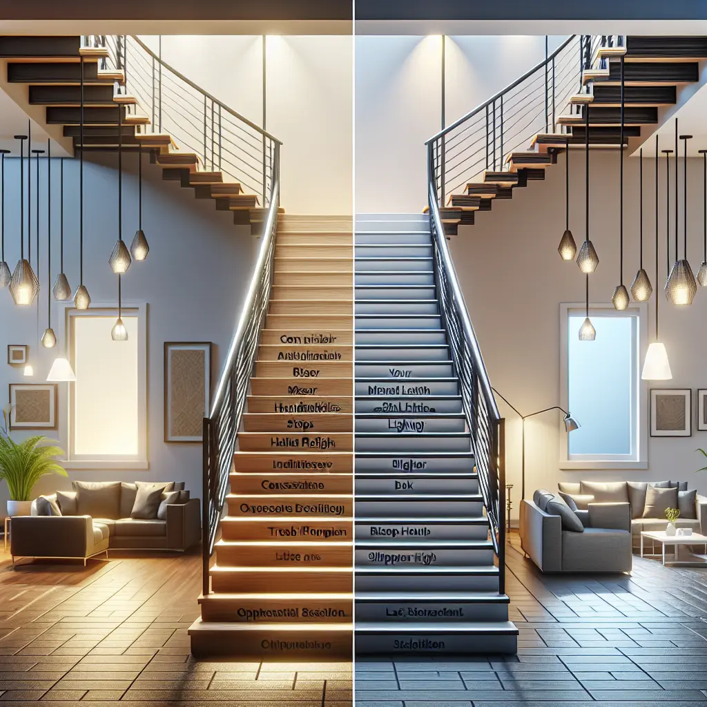 Split-view comparison of modern staircases showing proper versus improper design choices with illuminated text on steps