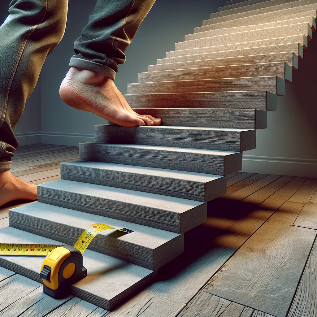 Barefoot ascending stairs with measuring tape showing proper tread depth measurement