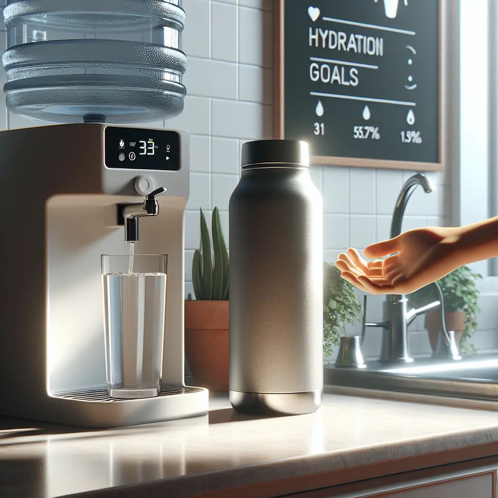 Modern hydration station with water dispenser, Stanley tumbler, and tracking board