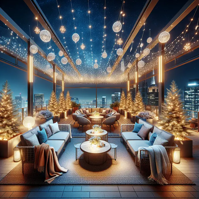 Cozy rooftop lounge with string lights creating a starry sky effect, surrounded by decorated evergreen trees and city skyline views.