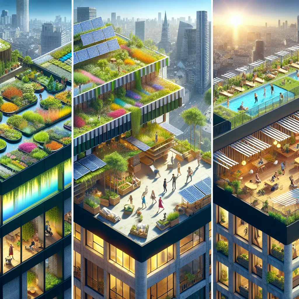 Three-panel visualization of urban rooftop transformations featuring gardens, solar panels, and community spaces with varied activities