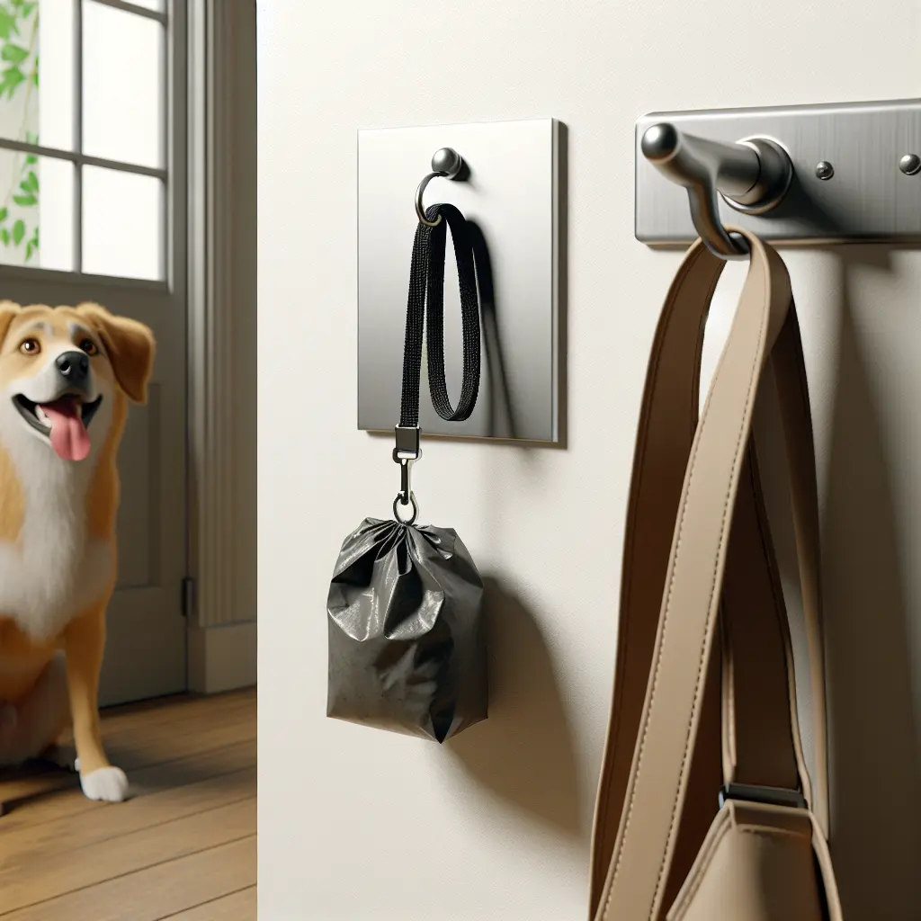 Modern entryway featuring a mounted waste bag dispenser with a happy dog in background, leather bag on wall hook, and hardwood flooring